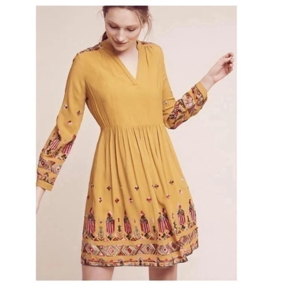 Anthropologie Dresses & Skirts - Anthropologie M Mustard Yellow Embroider long sleeve mini dress Raella